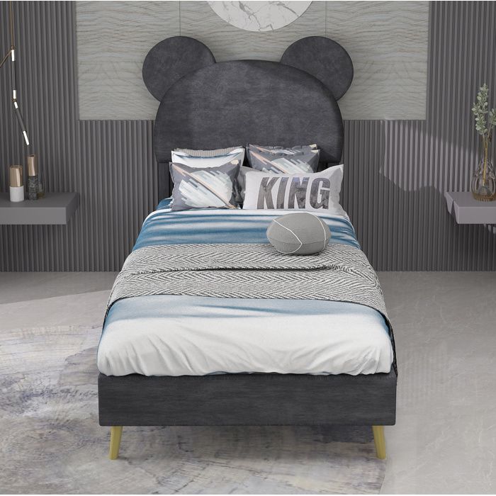 Lit enfant gris 90×200 cm avec rangement relevable tête de lit rembourrée fantaisie structure stable sans matelas