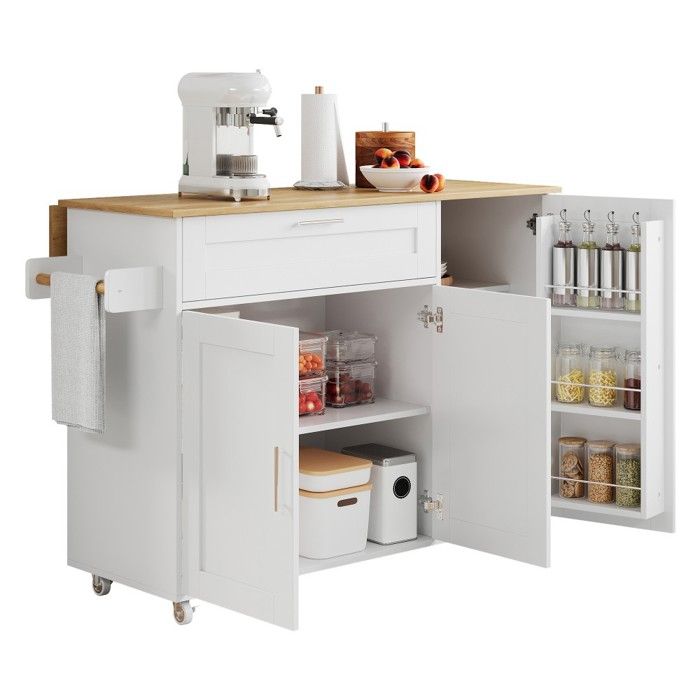 Desserte Cuisine Mobile-Blanc-Chêne 132.5x44x90cm-Plan Pliable-5 Roues-Rangement Multifonction-Pour Cuisine Desserte Cuisine Mobile-Blanc-Chêne 132.5x44x90cm-Plan Pliable-5 Roues-Rangement Multifonction-Pour Cuisine