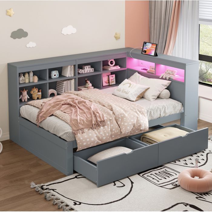 Lit combiné 90 x 200 cm avec rangements intégrés - TCQPZ - USB et LED - Bois - Gris