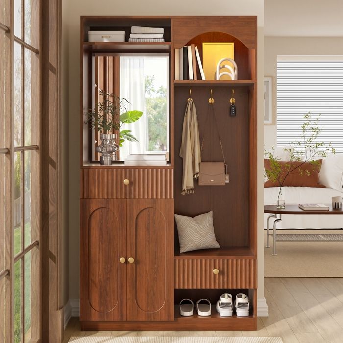 Vestiaire dentrée avec Miroir et Banc Meuble d’Entrée avec Armoire à Chaussures et Crochet Porte-Manteau Multifonctionnel Noyer
