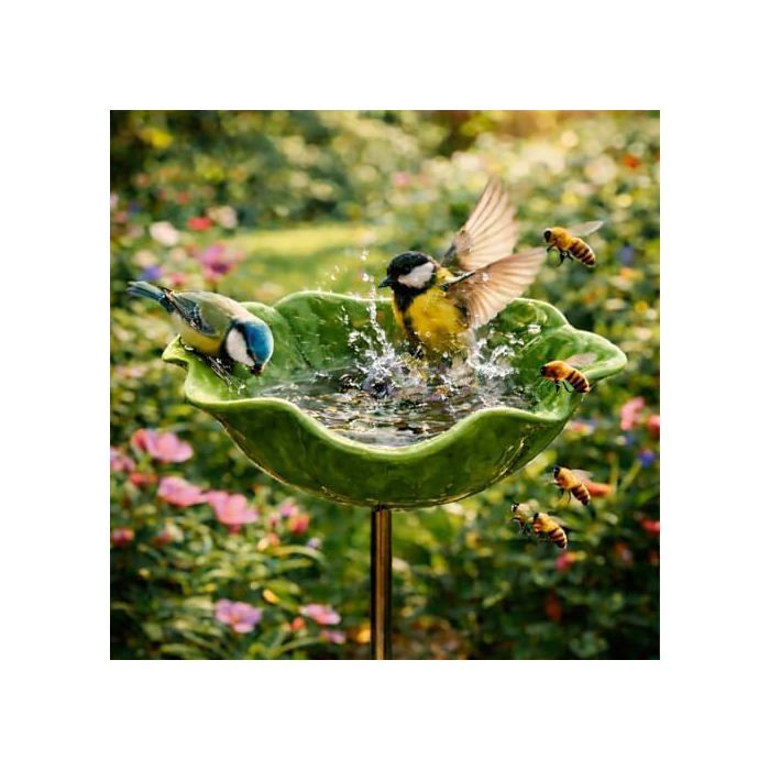 Piquet de jardin décoratif en métal fait main – Fleur avec bain pour abeilles et abreuvoir pour oiseaux