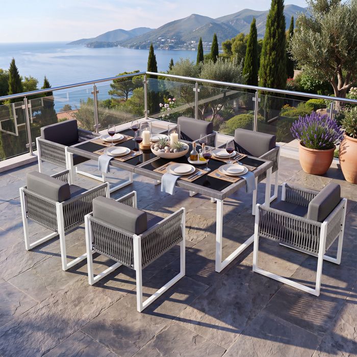Ensemble de table et chaises de jardin en osier tressé ensemble pour 6 personnes avec chaises à accoudoirs gris et blanc