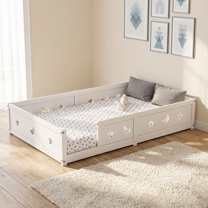 Lit enfant avec protection Lit à barrières Lit pour enfants - Lit au Sol avec Sommier à Lattes - 200x140cm-Blanc STRUCTURE DE LIT