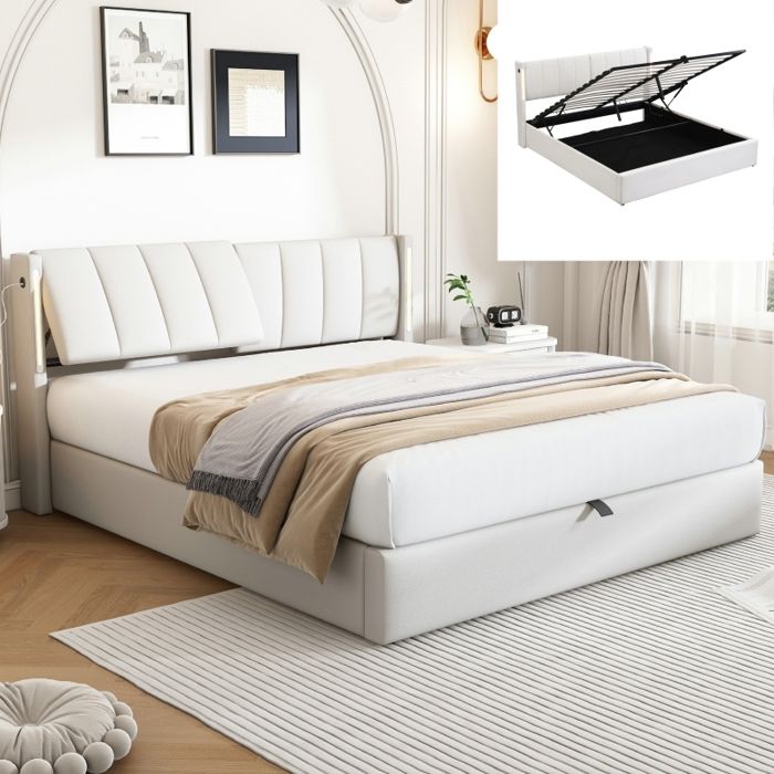 Lit 140x190 cm avec tête de lit réglable lit coffre 140x190 cm avec sommier à lattes éclairage LED et port USB galet PU Blanc