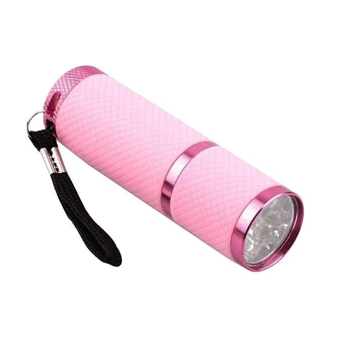 Mini lampe torche dextérieur rose à 9 LED avec revêtement en caoutchouc