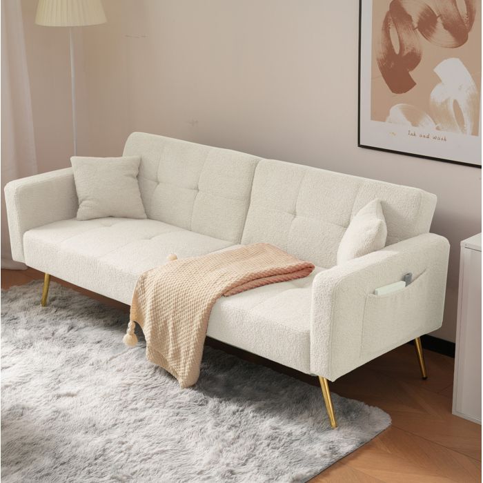 Canapé convertible 2 places en tissu sherpa blanc dossier réglable poches latérales et pieds dorés