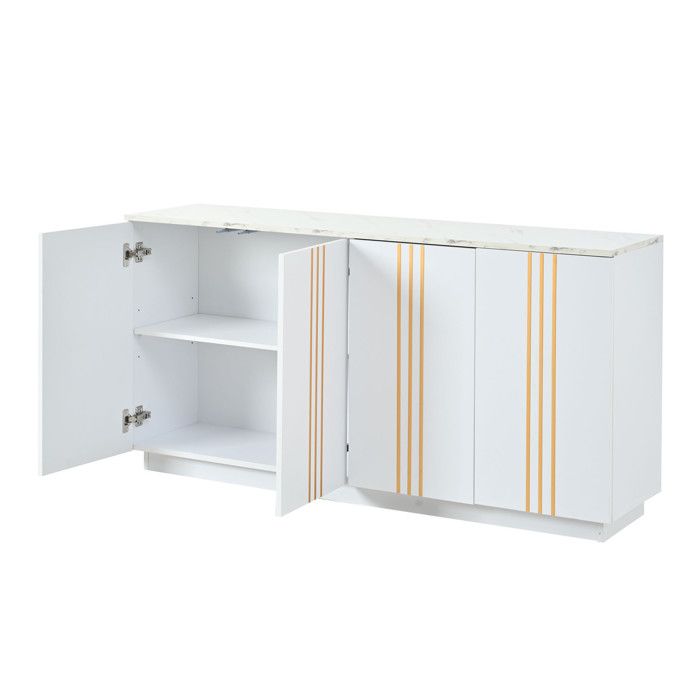 Buffet bas 4 portes meuble rangement blanc et or effet pierre en panneau de particules 140 cm ORVRYN