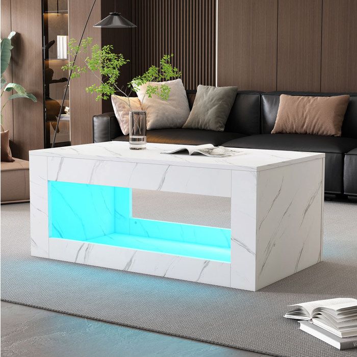 Table basse LED rectangulaire 1005 x 505 cm blanche aspect marbre avec rangement ouvert et plateau brillant