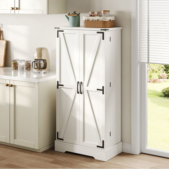 Buffet de Cuisine 2 Portes avec Étagères Réglables et LED - ELVMI - Style Campagne MDF Blanc 60×35×128 5 cm