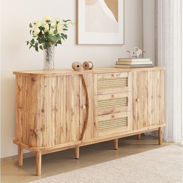 Buffet Bas Naturel Effet Bois Bahut Portes Coulissantes FloraGrace Pour Salon Avec Etagères Réglables 140 5x40x76cm