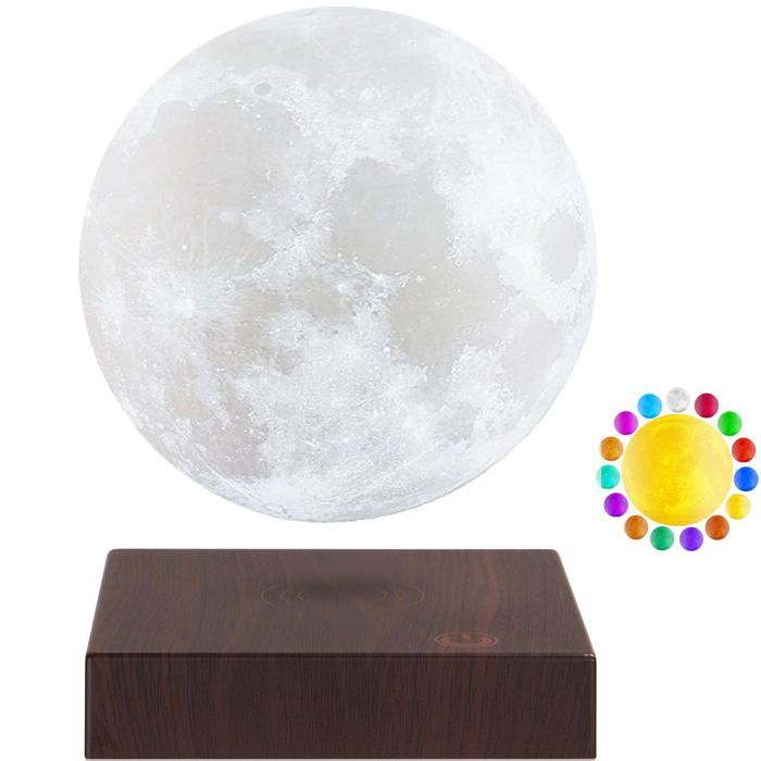 Lampe de lune en lévitation flottant et tournant librement dans lair avec une base en faux bois de luxe et une impression 3D LED