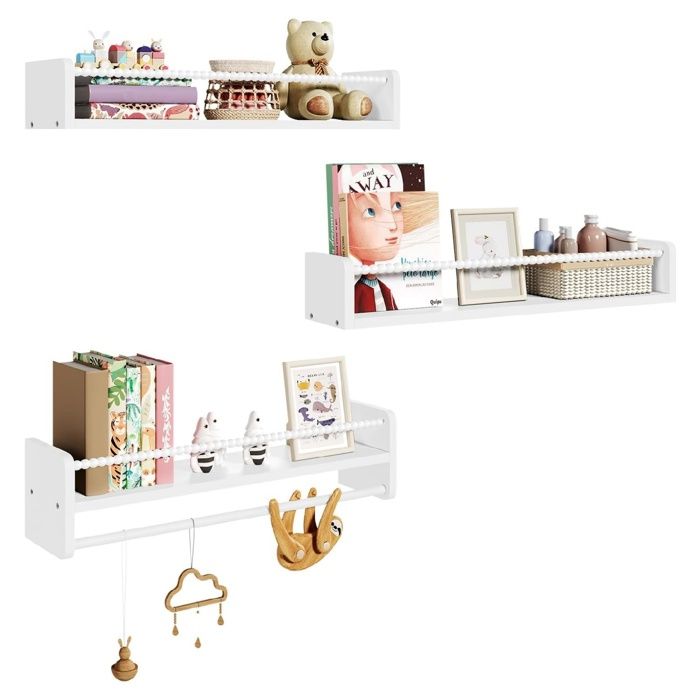 WOLTU Lot de 3 Étagère Murale pour Enfant 60 x 15 x 14 cm，Étagère Livre Enfant avec Perles en BoisBlanc
