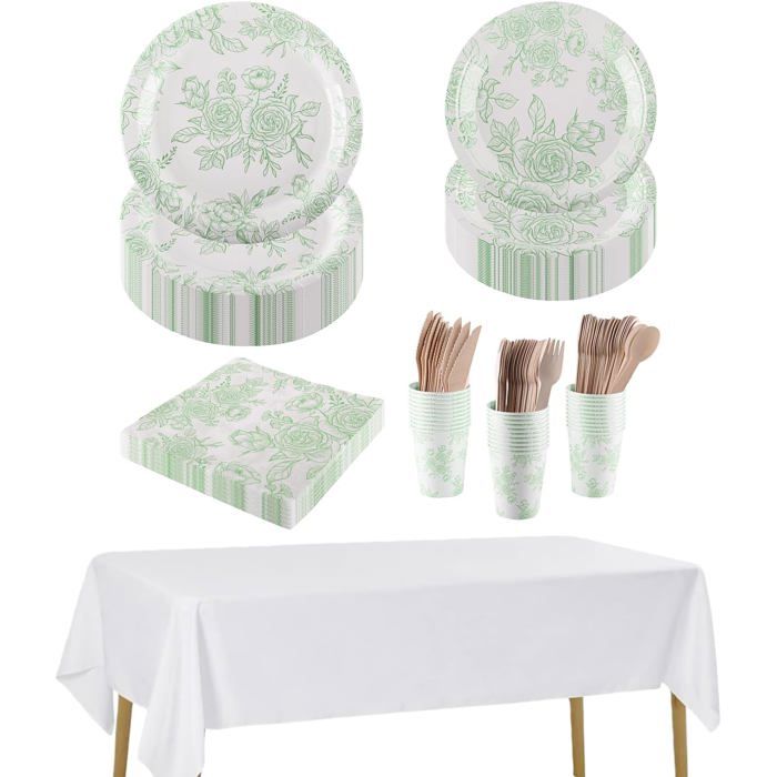Service De Table 212 Pièces En Papier Vert Sauge Pour 30 Invités Comprenant Assiettes Tasses Serviettes Couverts Et Nappes Pour