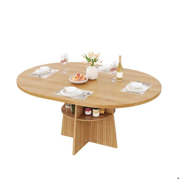 Table à rallonges ronde pouvant accueillir de 2 à 8 personnes avec étagère intégrée couleur chêne 110-150 x 110 x 77 5 cm