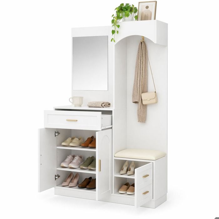 Meuble d’entrée – Vestiaire avec miroir – Porte-manteau et banc à chaussures – Blanc – MDF
