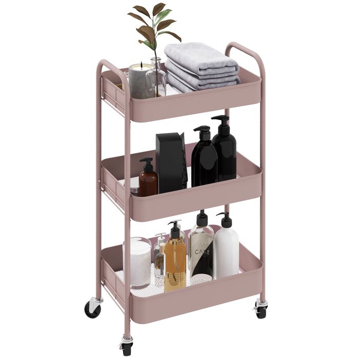 Desserte chariot de rangement en acier chariot de service à roulettes 3 plateaux ajourés 45 x 30 6 x 79 cm rose