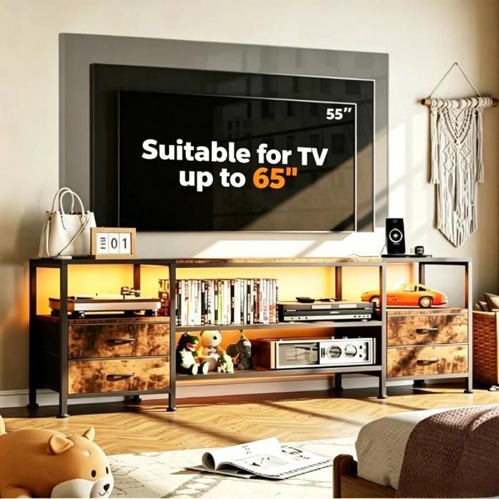 Meuble TV En Tissu 160 cm-4 Tiroirs-Avec Prises Et éclairage LED-Adapté Pour SalonChambreChambre Denfant ( TV 65 pouces )