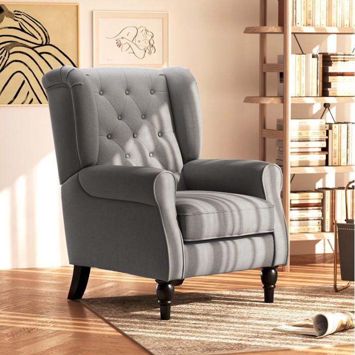 Fauteuil bergère relax capitonné gris foncé en polyester avec accoudoirs et pieds en bois FOLYNA