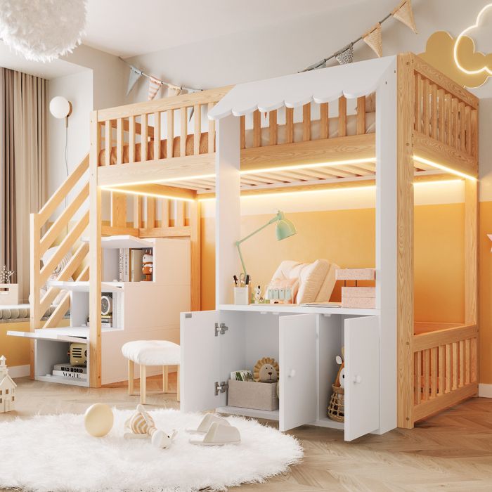 Lit Mezzanine enfant 1 Place 90x200 cm Escalier avec 3 Rangements Armoire LED multicolore Rangement sous le Lit Pin et MDF