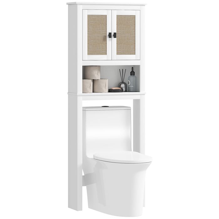 Meuble WC 2 portes en rotin 60 x 19.5 x 160 cm blanc étagère réglable