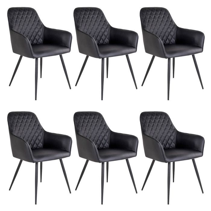 VIBY - Lot de 6 Fauteuils Simili Noir et Piétement Acier Noir