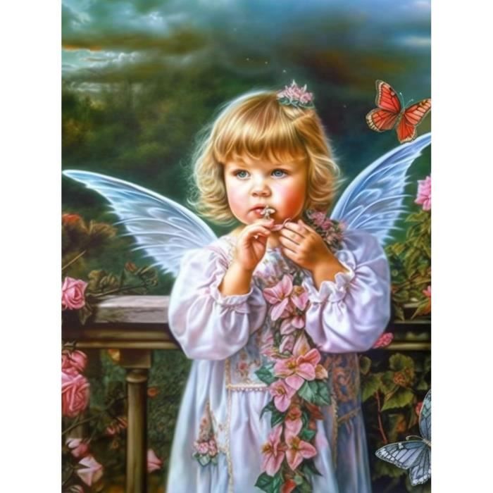 tableau diamant 3d ange avec cadre bois, dimension 30x30