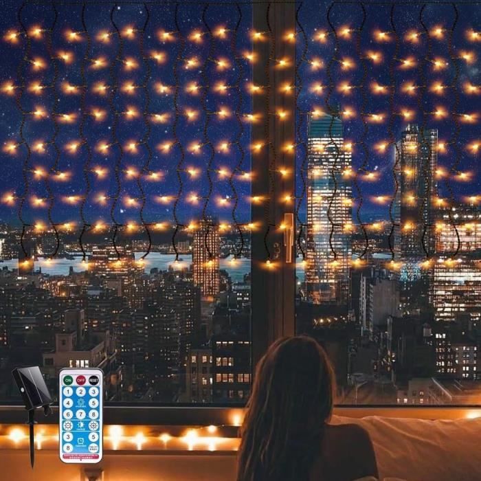Guirlande Solaire Rideau LED 100 Lumières - Blanc Chaud, IP44, Pour Balcon Jardin Décoration Extérieure