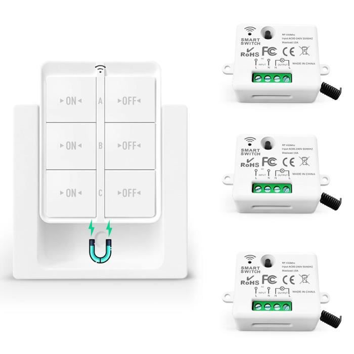 Interrupteur sans fil RF433, interrupteur mural auto-alimenté, sans pile, sans câblage, émetteur de panneau mural (1 récepteur + 2 interrupteurs) | Leroy Merlin