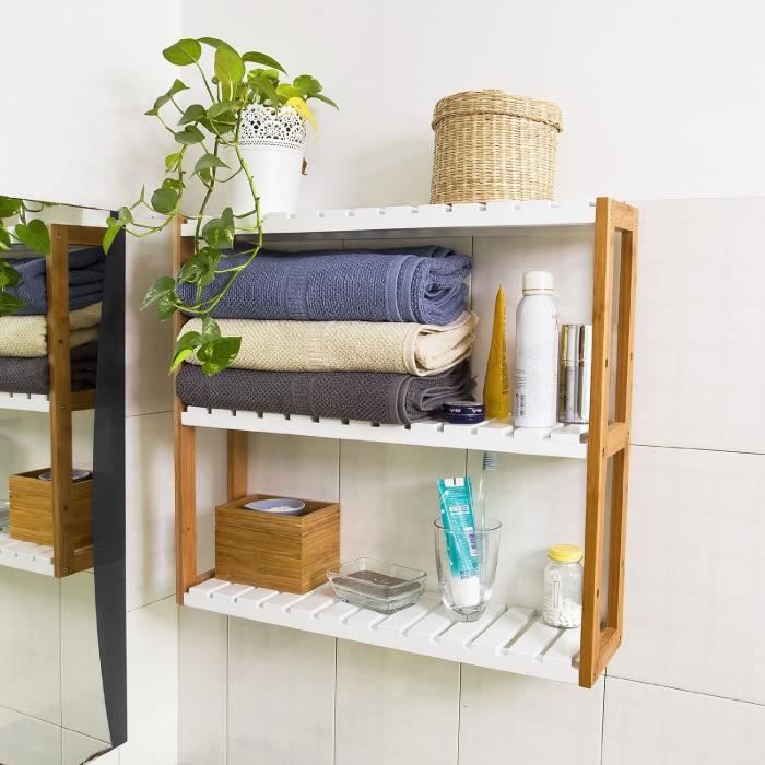 Etagere Murale Bambou Salle De Bain Toilettes 3 Niveaux Meuble