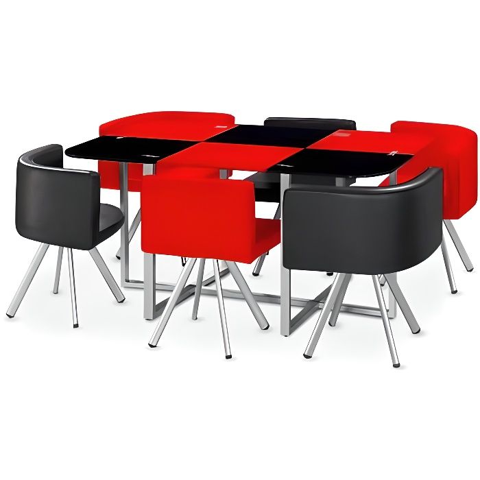 ensemble table de repas avec 6 chaises design madrid noir & rouge