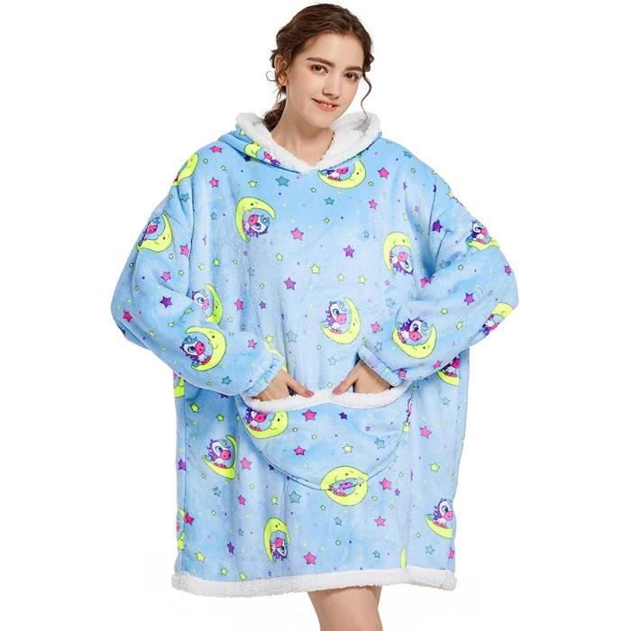 Sweat Plaid peignoir de bain Pull Plaid Polaire Sweats a Capuche Femme Oversized Couverture TV Flanelle pour Adolescents bleu ciel
