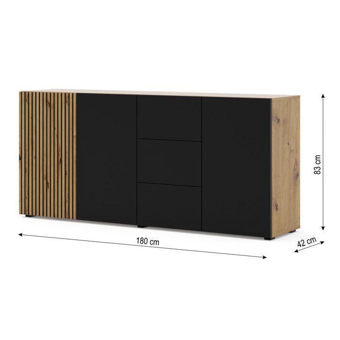 Commode Auris 3D3S buffet 180 cm chêne artisan / noir mat Commode Auris 3D3S buffet 180 cm chêne artisan / noir mat