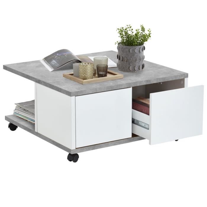 table basse mobile contemporaine fmd - béton et blanc brillant - rectangulaire - 70x70x35cm