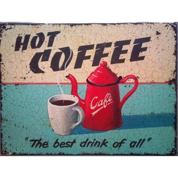 Plaque Métal Vintage Hot Cocoa & Coffee - 20x30 Cm - Déco Rétro Cuisine Ou Salon Idéale Pour Amateurs De Café