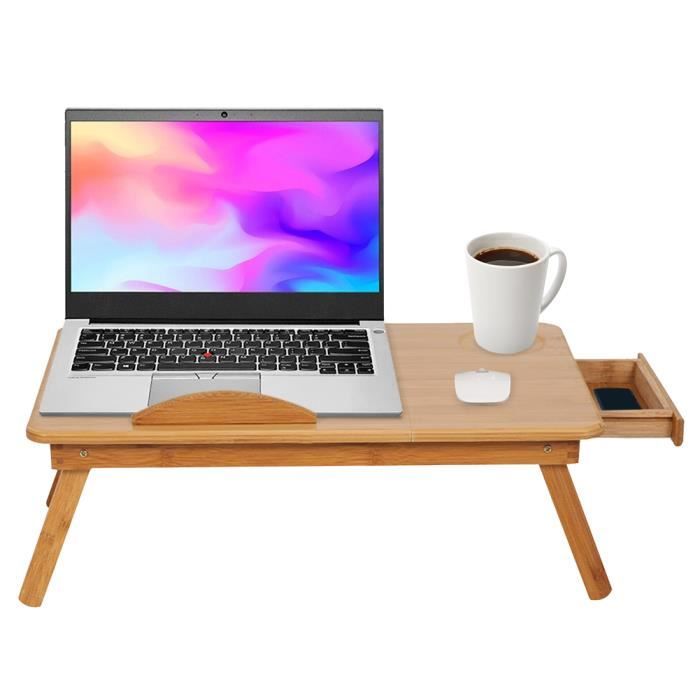 Table De Lit Portable En Bambou Pliable - Table Pour Ordinateur, Lecture, Petit-déjeuner - Réglable En Hauteur Et Inclinaison - Avec Tiroir Et Fente Pour Verre