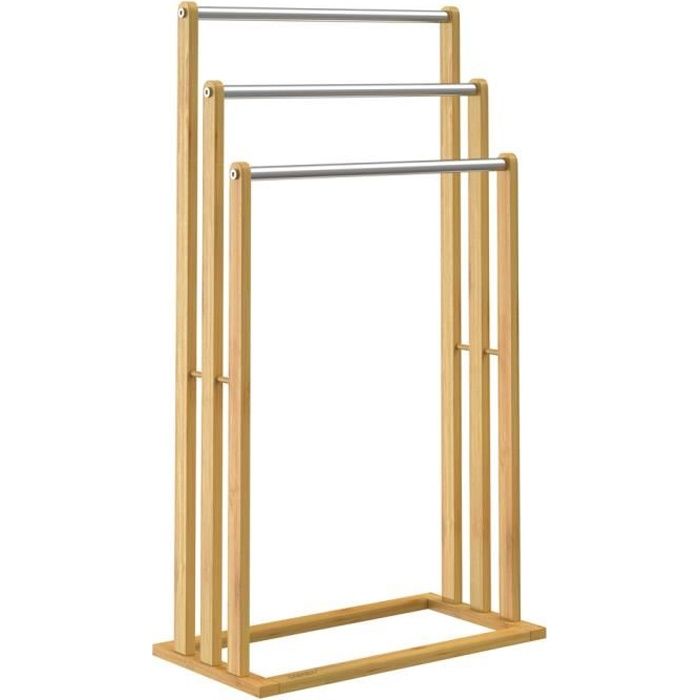 Porte-serviettes en bambou sur pied avec 3 barres Support pour serviettes Étagère de salle de bain
