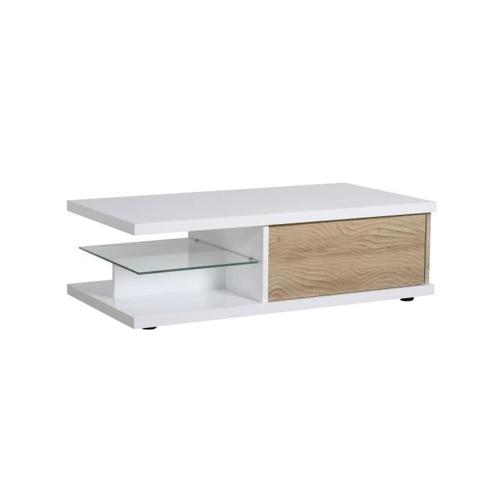 table basse rectangulaire sciae - karma - décor chêne clair et laqué blanc - 1 tiroir
