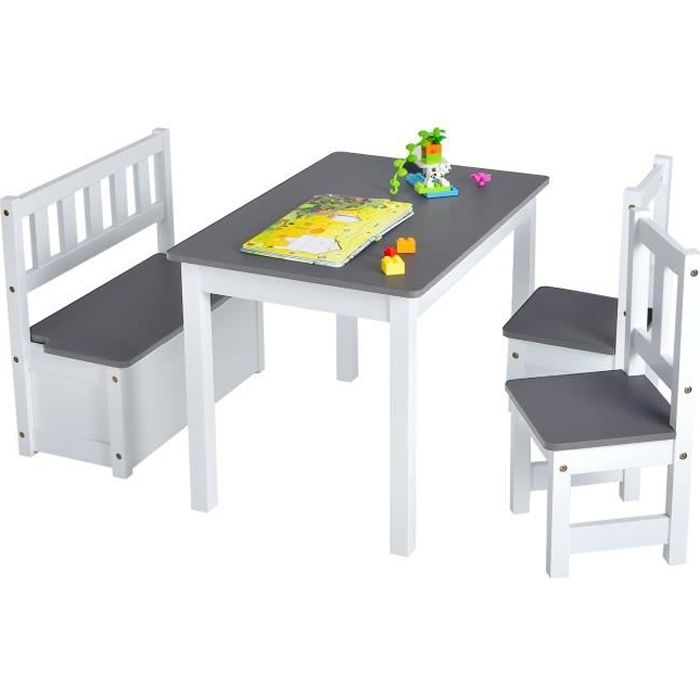 DREAMADE Ensemble de Table et 2Chaises Enfant avec Banc Coffre à Jouet 2 en 1 Ensemble Table dActivité en Bois pour