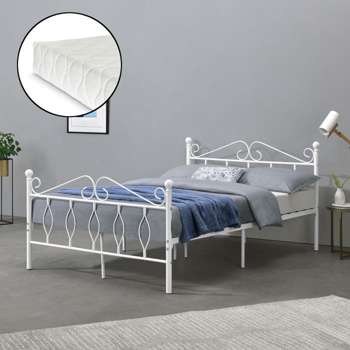 cadre de lit double apolda en métal matelas 140x200 cm blanc mat [en.casa][neu.haus]