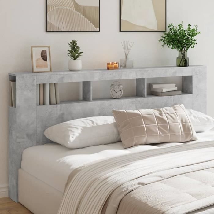 Tête de lit LED - ESTINK - 200x185x1035cm - Bois dingénierie - Gris béton - Design contemporain