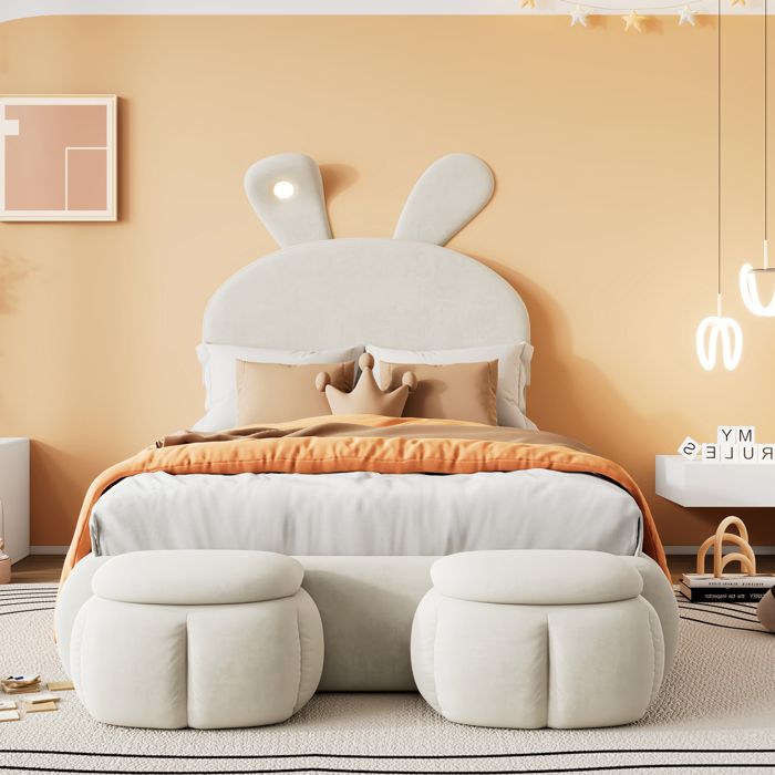 Lit enfant - SPKSW - 90x200 - LED intégrée réglable - 2 bancs de rangement - Velours beige