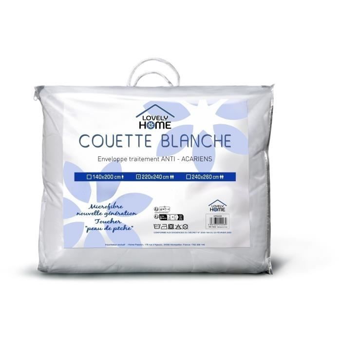 Couette 220 x 240 cm - LOVELY HOME - Légère - 280 g/m² - Anti-acariens - 2 personnes - Blanc
