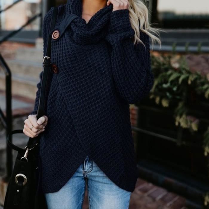 Pull Femme Chaud Tricoté Asymétrique Chandail Boutonné Col Bénitier Lâche à Manches Longues Pour Automne