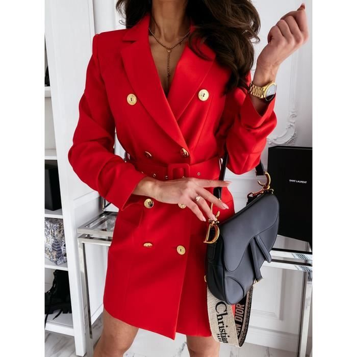 ORANDESIGNE Robe Blazer Femme Sexy Double Boutonnage Tailleur Longue à Manches Longues OL Bureau Manteau Veste Slim Fit Mini Robe B Blanc XS