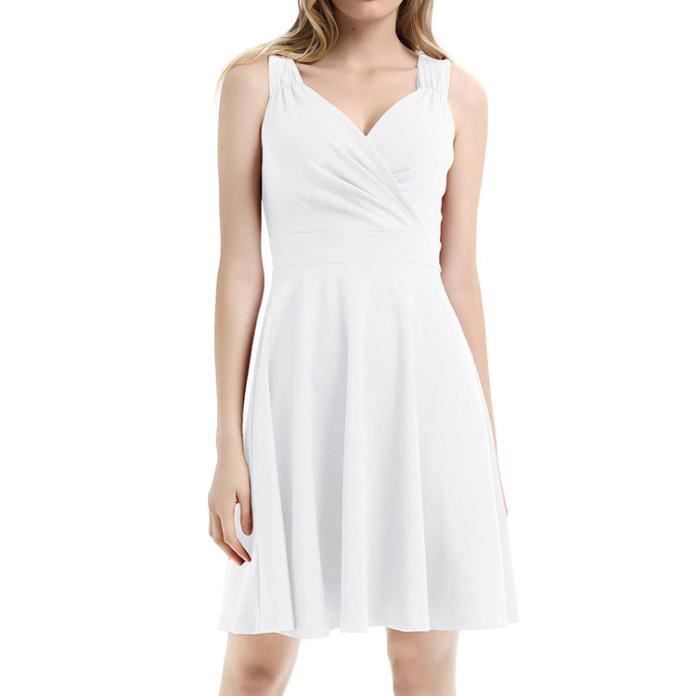 JENJON Robe Mini Femme été - Col V, Manches Courtes/sans Manches, Taille Haute, Coupe Trapèze, Légère Et Fluide