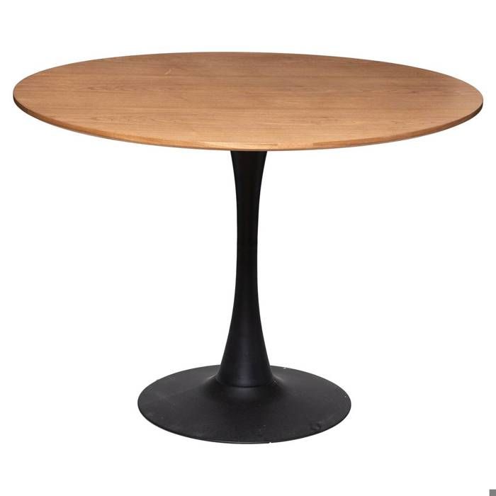 Table à manger ronde 4 places ELIAS - Plateau effet chêne et pied central métal noir - Atmosphera