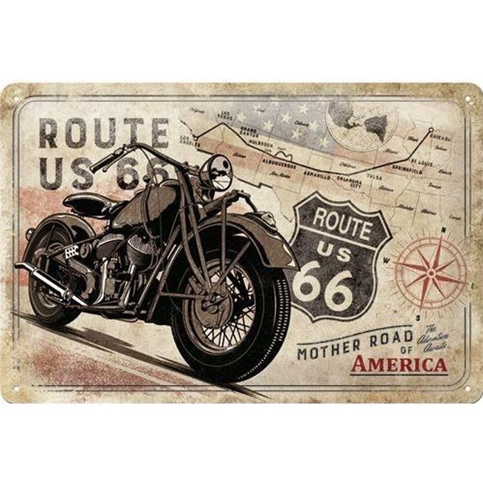 Plaque en métal 20 X 30 cm Route 66 : moto vintage sur la route mythique