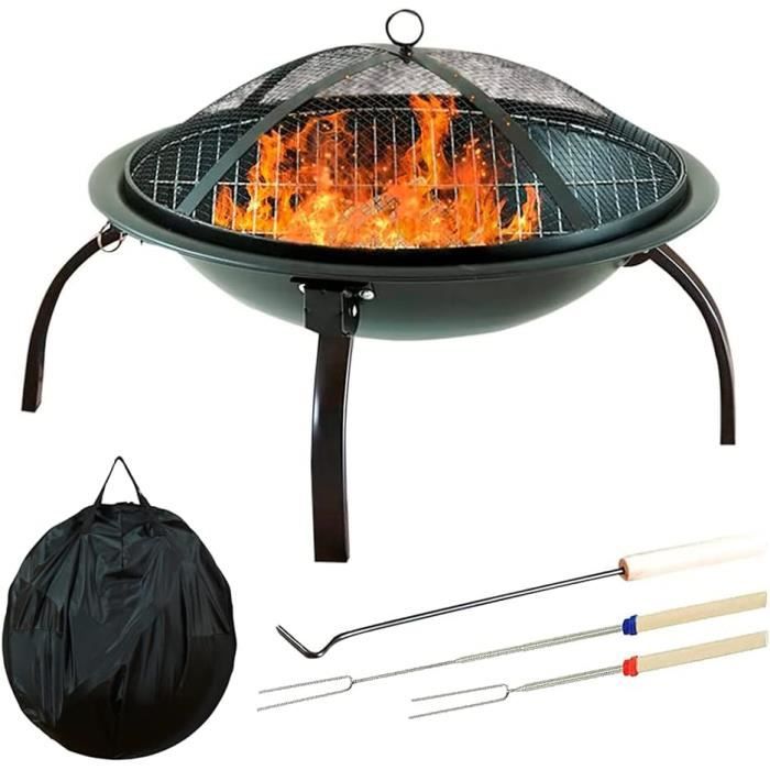 Brasero Jardin 2 En 1 Fonte Carré - Effet Bronze - Avec Housse Et Tisonnier - Pour Barbecue, Terrasse, Camping - 7