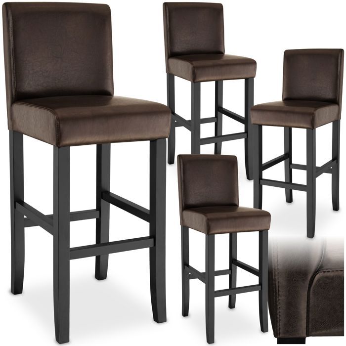 Tabouret de bar - TECTAKE - Lot de 4 tabourets avec pieds en bois massif et repose-pieds hauteur dassise 76 cm- Marron