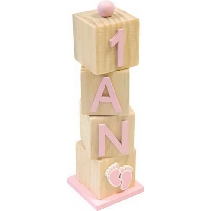 Décoration de table anniversaire 1 an cube en bois rose et naturel (x1) REF/DEK0519